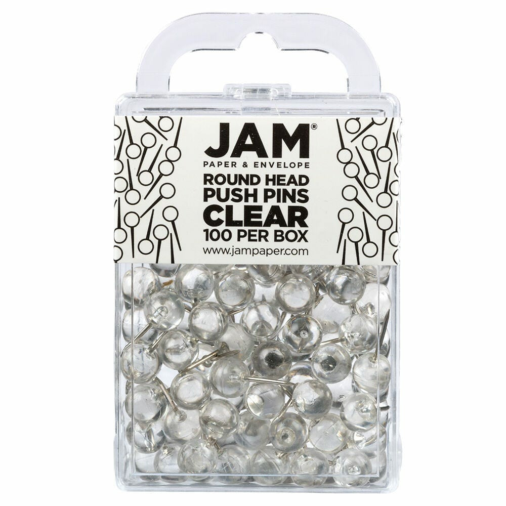 Image of JAM Paper Colorful Push Pins - Round Head Map Thumb Tacks - Clear - 100 Pack