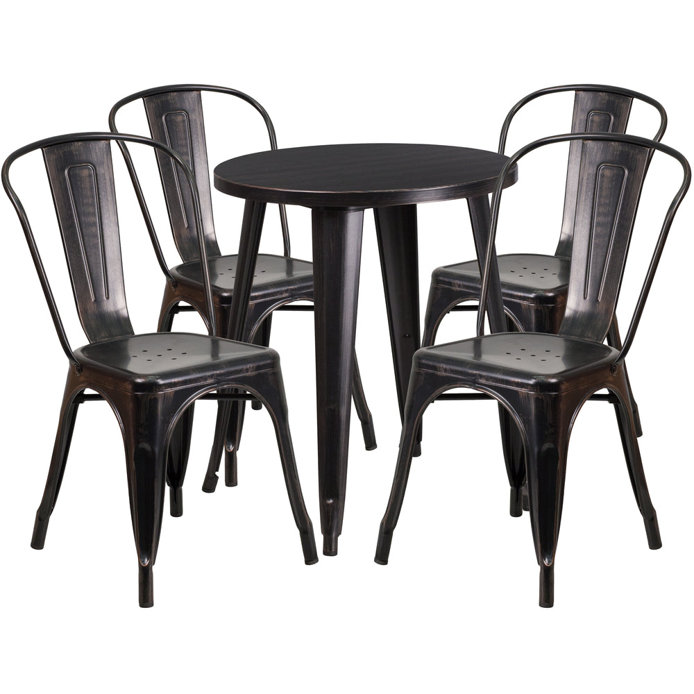 Image of 24" Round Black-Antique Gold Metal Indoor-Outdoor Table Set with 4 Cafe Chairs [CH-51080TH-4-18CAFE-BQ-GG]