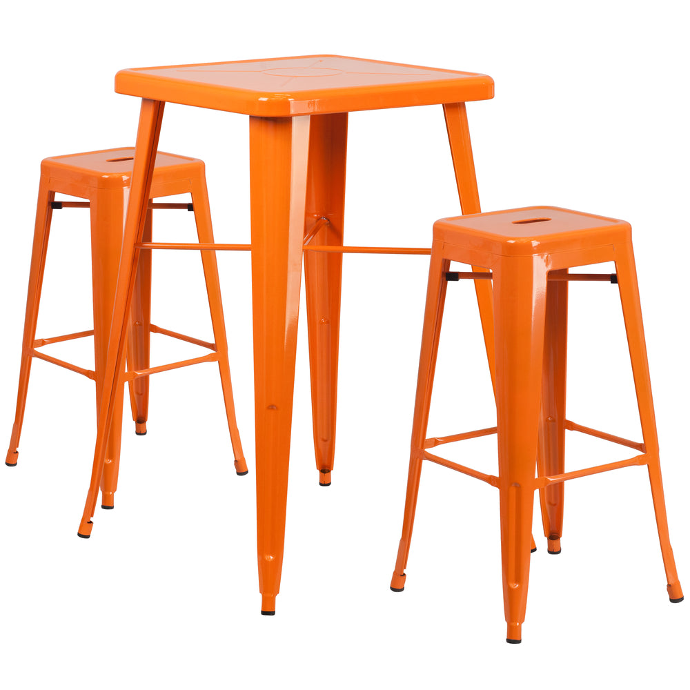 Image of Flash Furniture Metal Indoor-Outdoor Bar Table Set, Orange with 2 Backless Barstools (CH31330B230SQOR)