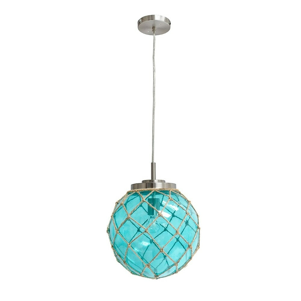 Image of Elegant Designs 40W Type A 19 Medium Base Bulb Buoy Netted Brushed Nickel Coastal Ocean Sea Glass Pendant - Aqua, Blue