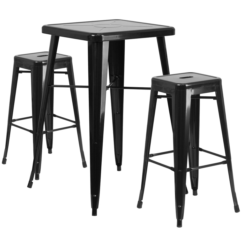 Image of Flash Furniture Metal Indoor/Outdoor Bar Table Set with 2 Backless Barstools, Black (CH31330B230SQBK)