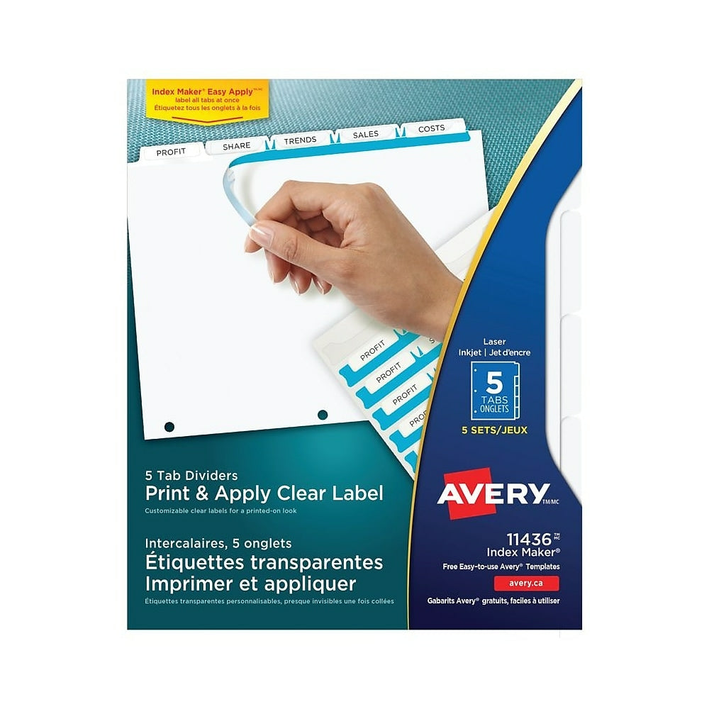 Image of Avery Index Maker Clear Label Dividers with Easy Apply Labels for Laser/Inkjet Printers, 5 Tabs, 5 Sets, White (11436), 5 Pack