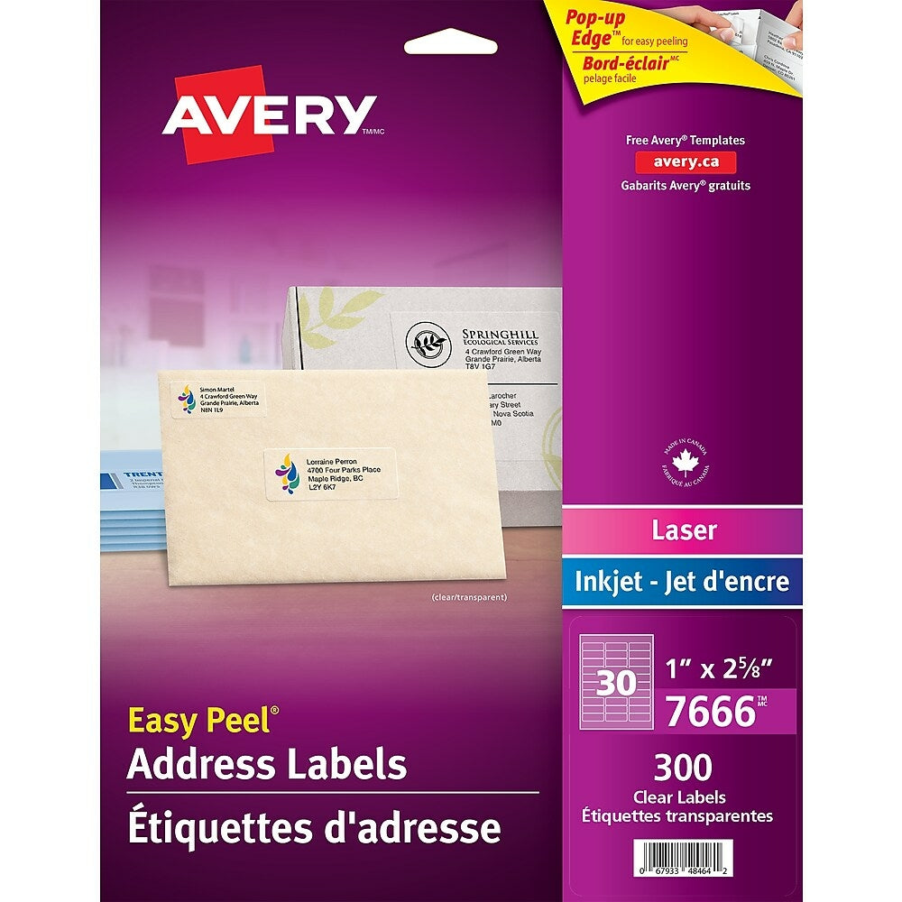 Image of Avery Easy Peel Clear Glossy Laser/Inkjet Address Labels, 1" x 2-5/8", 300 Pack (7666)