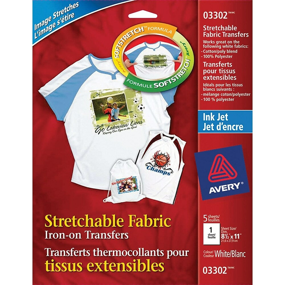 Image of Avery Stretchable Inkjet T - Shirt Transfers, 8 - 1/2" x 11", White, 5 Pack