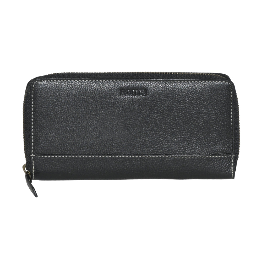 Image of Roots Ladies Slim Bifold Zipper Around Wallet - Black