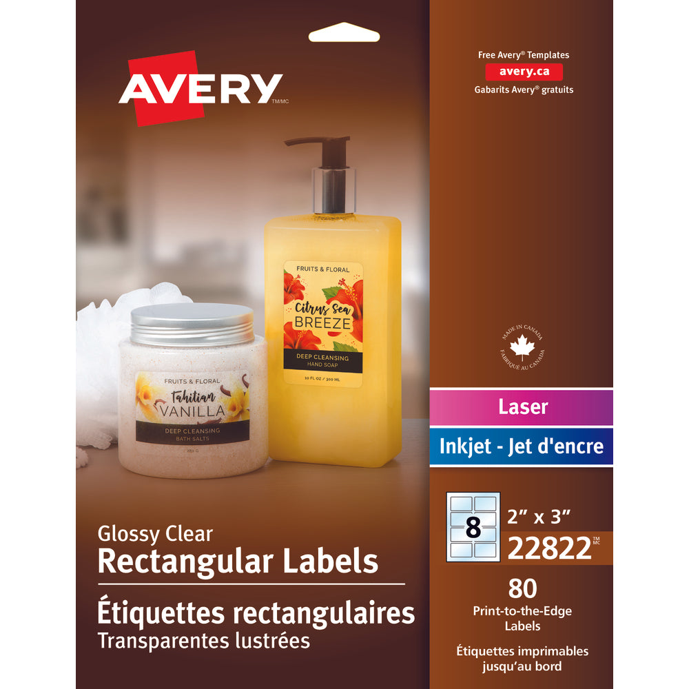 Image of Avery Clear Glossy Laser/Inkjet Print-to-the-Edge Rectangular Labels, 2" x 3", 80 Pack (22822)