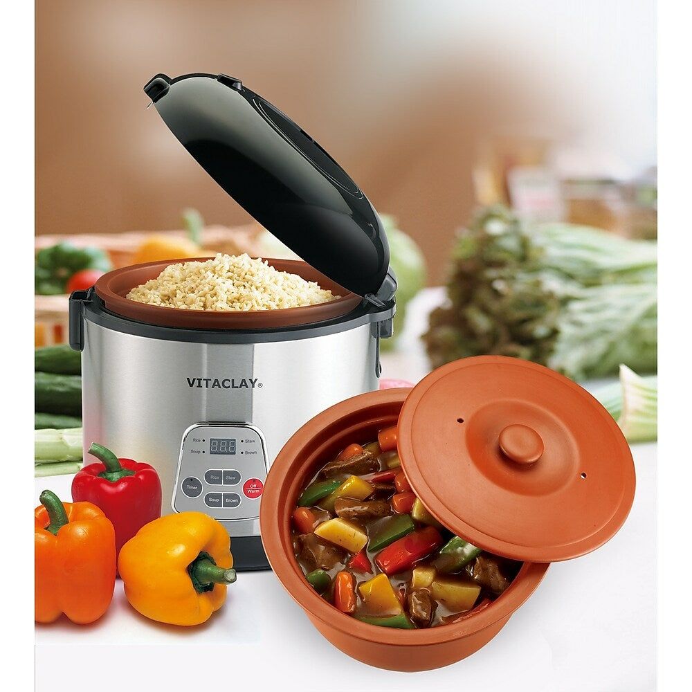 Image of Vitaclay 2-in-1 Rice N Slow Cooker with High-Fired Clay Pot , 8 Cup/4 Qt, Black/Stainless Steel