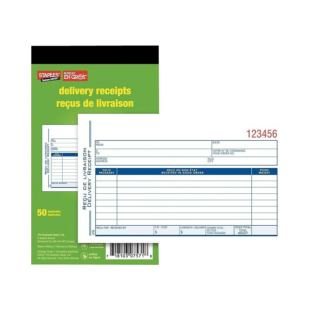 Image of Staples Delivery Receipt Forms - Carbonless - Duplicate - Bilingual