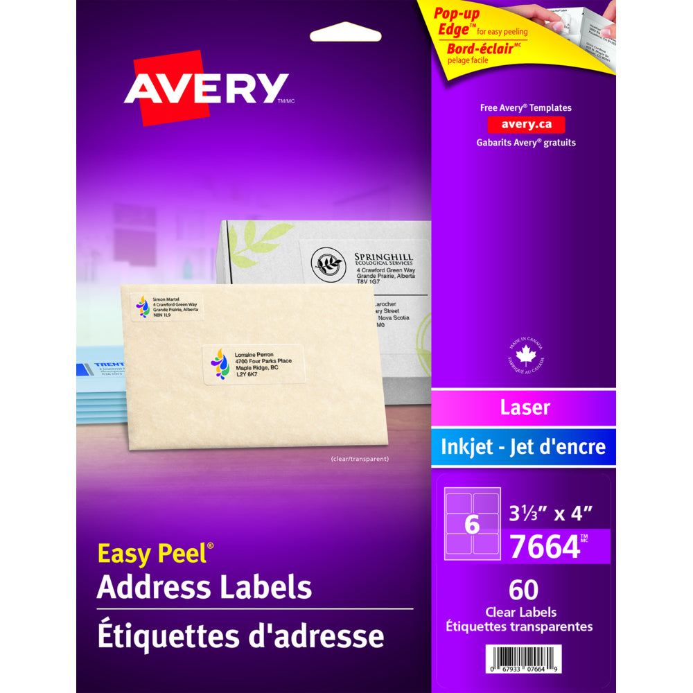 Image of Avery Easy Peel Clear Glossy Laser/Inkjet Address Labels - 3-1/3" x 4" - 60 Pack