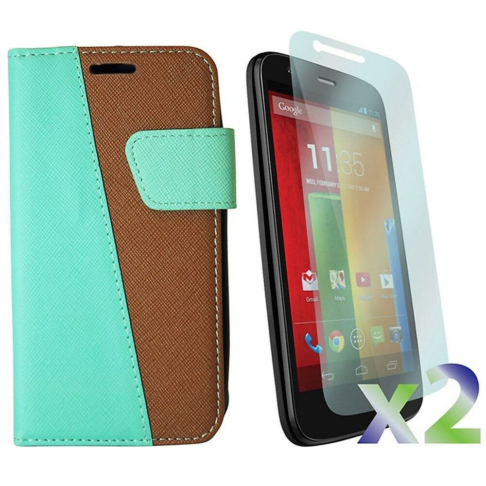 Image of Exian MultiColour Wallet Case and Screen Guard Protectors (2 Pack) for Motorola Moto G - Green/Brown