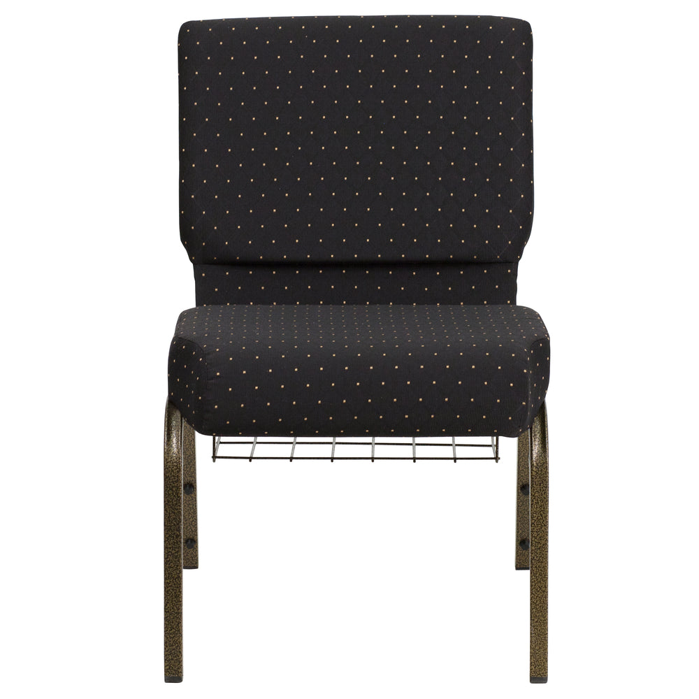 Image of Flash Furniture HERCULES 21"W Church Chairs in Black Dot Patterned Fabric with Cup Book Rack with Gold Vein Frame