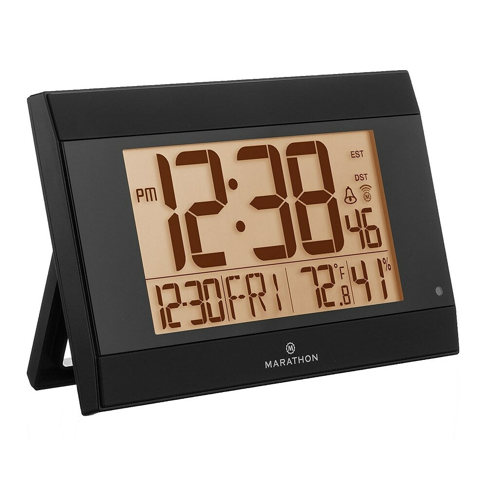 Image of Marathon Atomic Digital Wall Clock With Auto-Night Light - Temperature & Humidity - Black (CL030052BK)