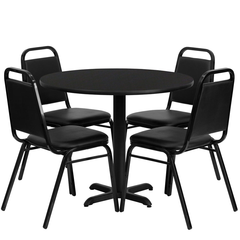 Image of Flash Furniture 36" Round Black Laminate Table Set with X-Base & 4 Black Trapezoidal Back Banquet Chairs