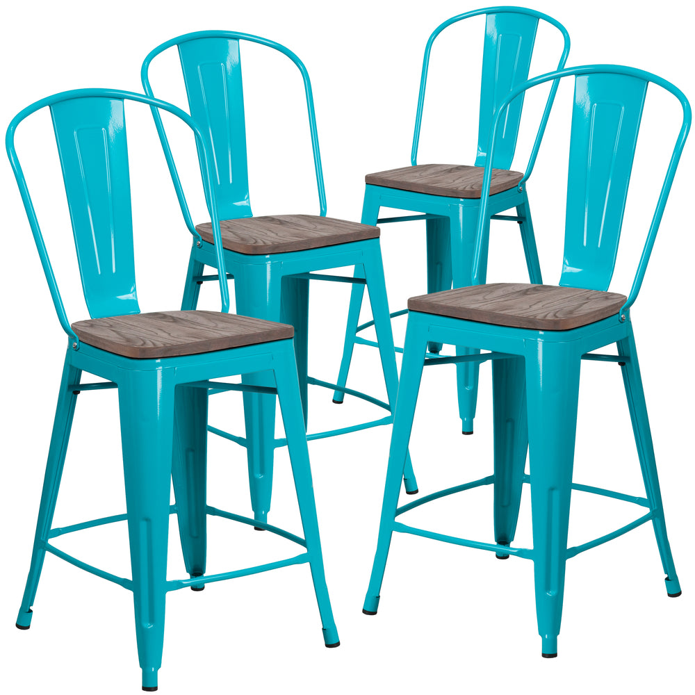 Image of Flash Furniture 24" High Crystal Teal-Blue Metal Counter Height Stool with Back & Wood Seat, 4 Pack