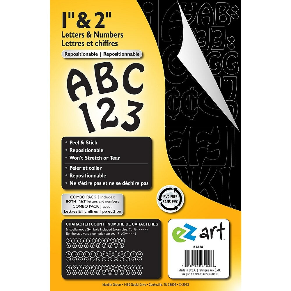 Image of Ez Art Peel and Stick Combo Pack - 1" & 2" Black Letters and Numbers, 172 characters