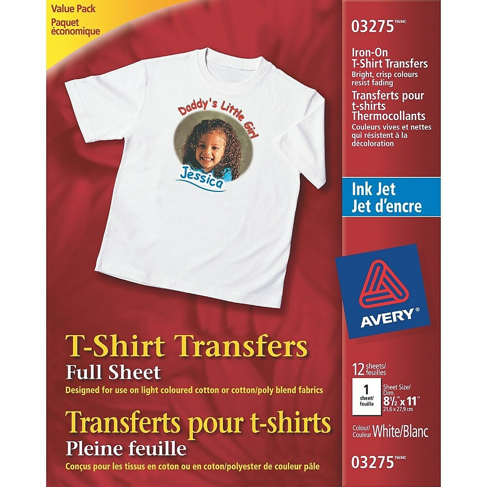 Image of Avery Light T-Shirt Transfers, Inkjet, 8-1/2" x 11", 12 Pack (03275)