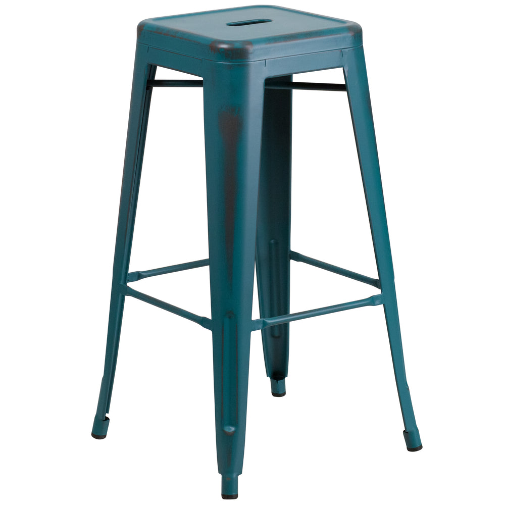 Image of Flash Furniture 30" High Backless Distressed Kelly Blue-Teal Metal Indoor-Outdoor Barstool
