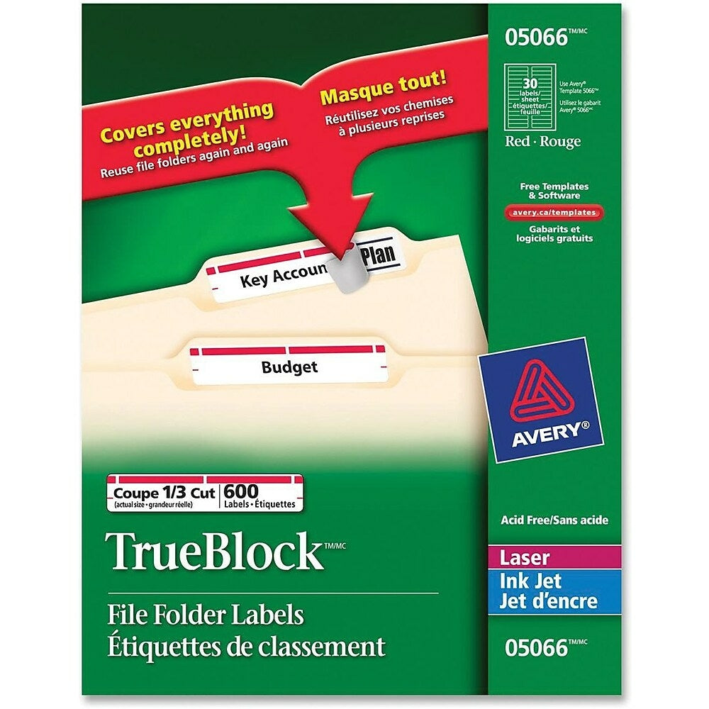 Image of Avery TrueBlock Laser Red Filing Labels, 2/3" x 3-7/16", 600 Pack