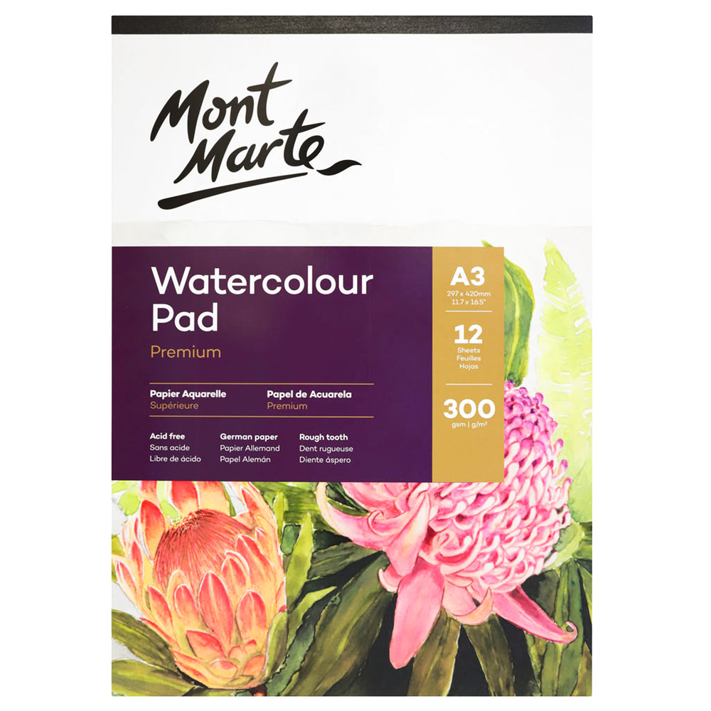Image of Mont Marte Premium Watercolour Pad - 300g - A3 - 16.5" x 11.75" - 12 Sheets