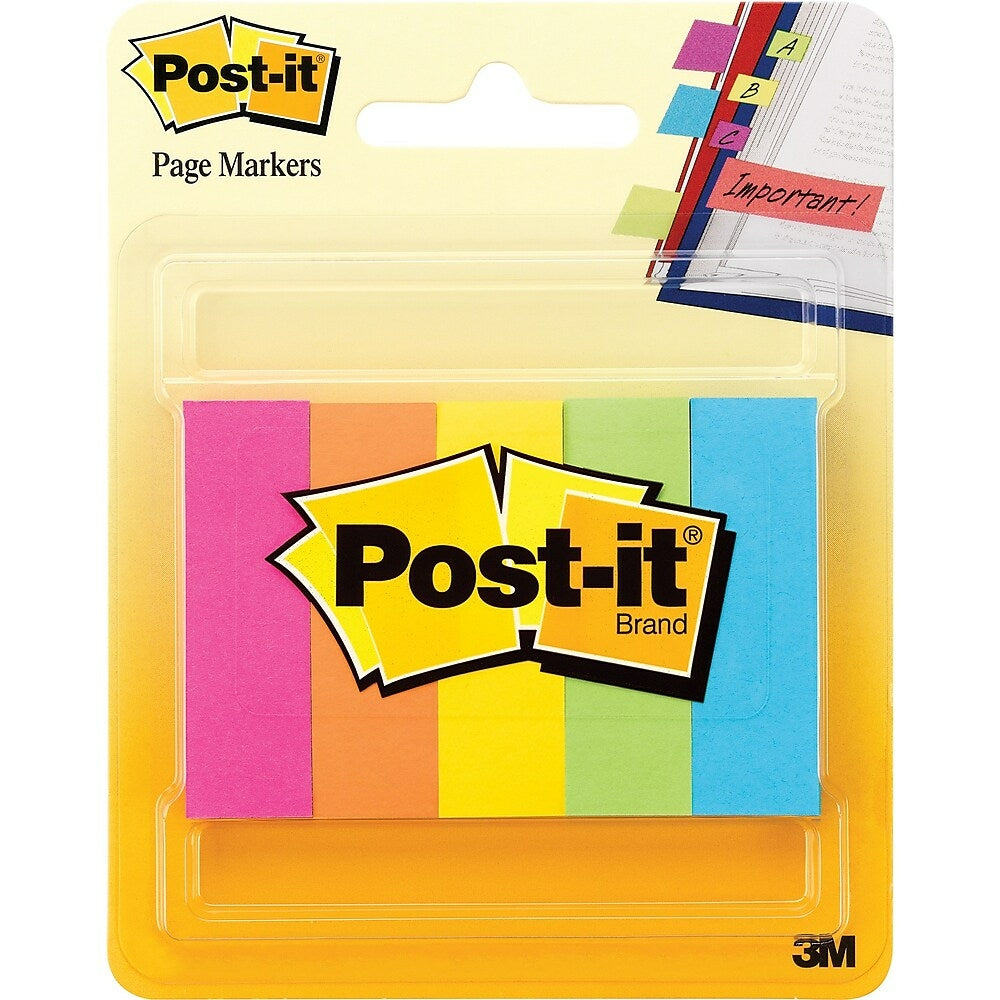 Image of Post-it Page Markers, 1/2" x 1-3/4", Assorted Neon Colours, 5 Pads Pack, Multicolour, 5 Pack