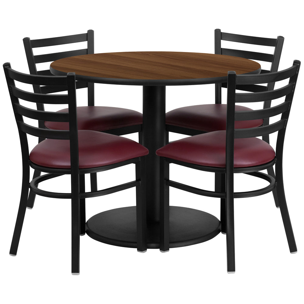 Image of Flash Furniture 36" Round Walnut Laminate Table Set with Round Base & 4 Ladder Back Metal Chairs - Burgundy Vinyl Seat