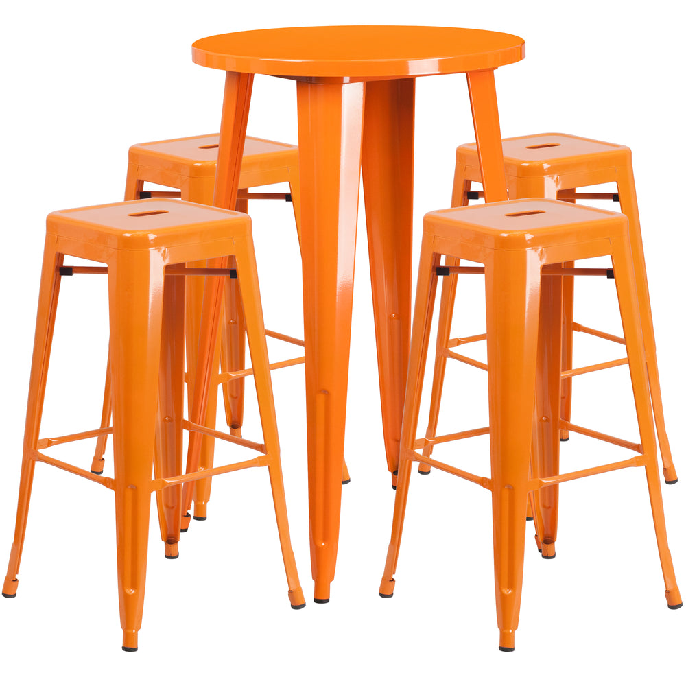 Image of 24" Round Orange Metal Indoor-Outdoor Bar Table Set with 4 Square Seat Backless Barstools (CH-51080BH-4-30SQST-OR-GG)