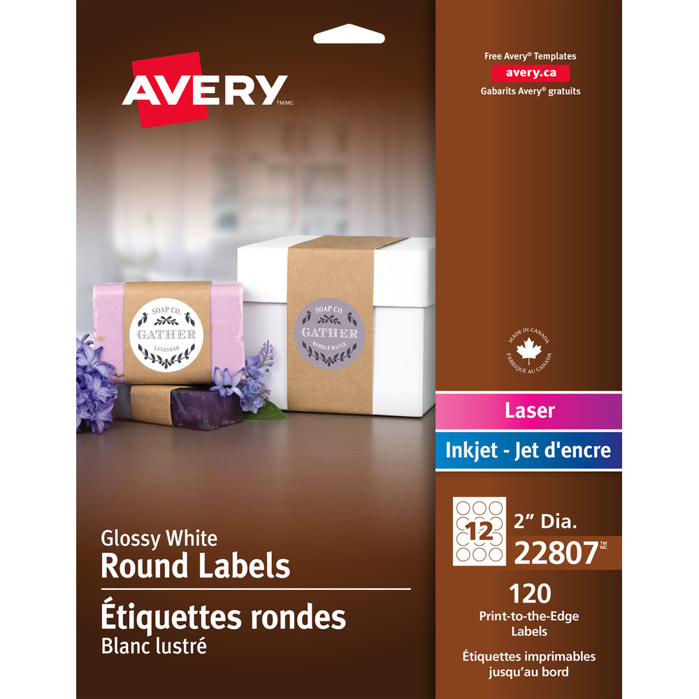 Image of Avery White Laser/Inkjet Glossy Print-to-the-Edge Round Labels, Permanent, 2", 120 Pack (22807)