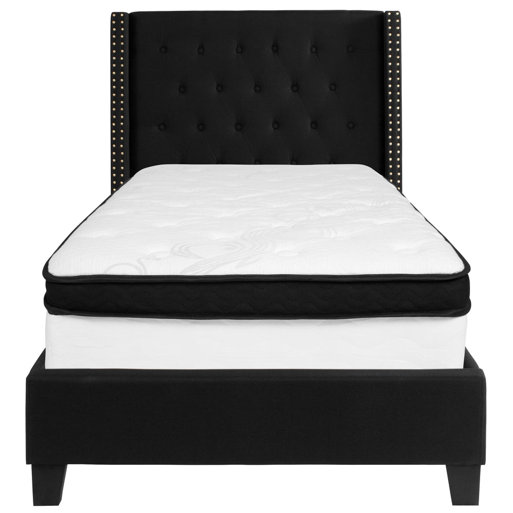 Image of Flash Furniture Riverdale Twin Size Tufted Upholstered Platform Bed in Black Fabric with Memory Foam Mattress