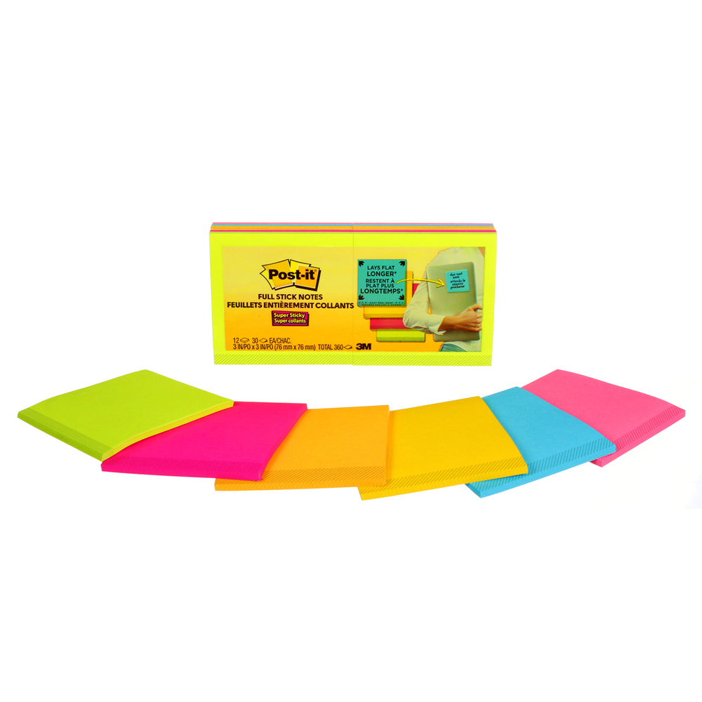 Image of Post-it Super Sticky Full Stick Notes - 3" x 3" - Rio de Janeiro Collection - 30 Sheets/Pad - 12 Pads/Pack, Multicolour, 12 Pack
