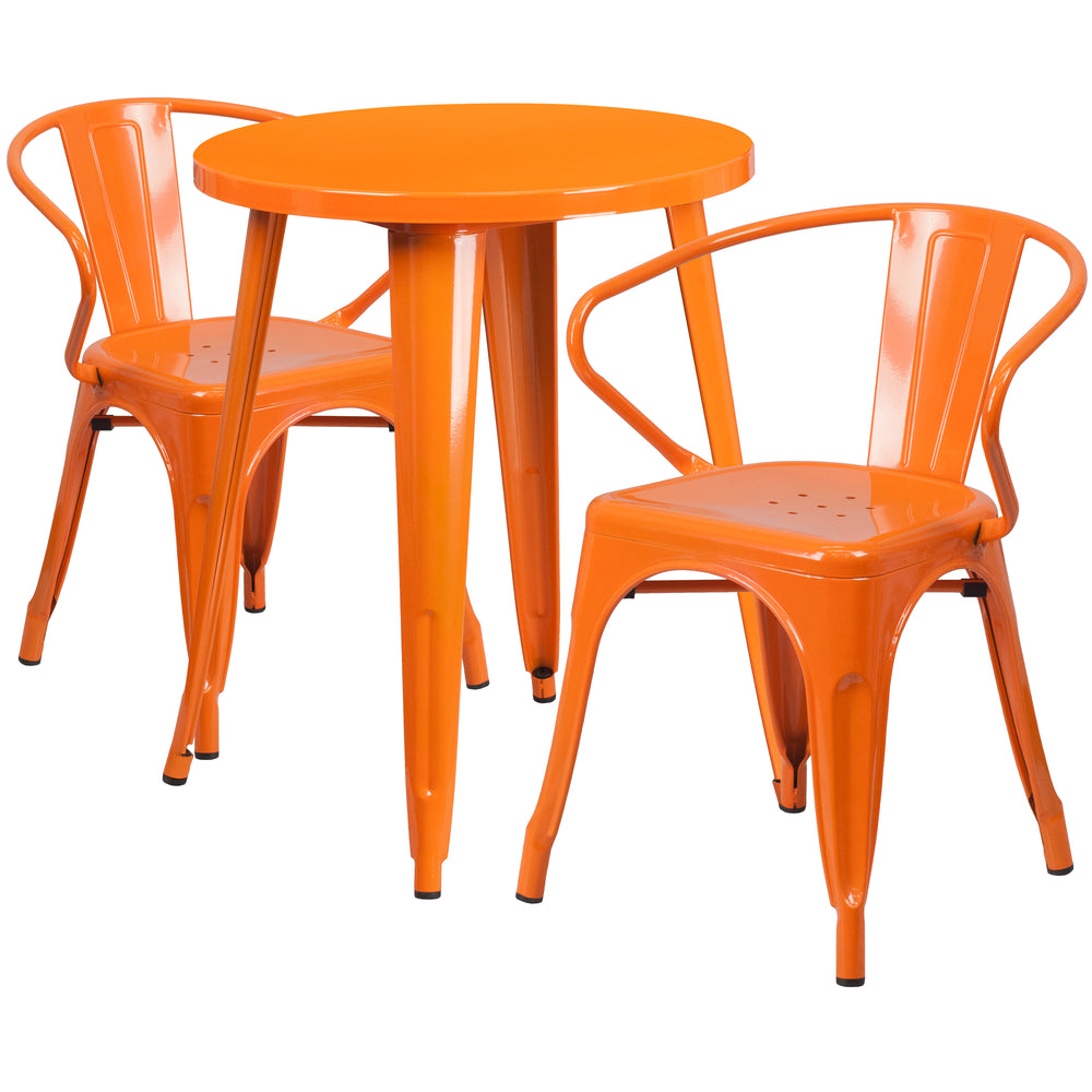 Image of 24" Round Orange Metal Indoor-Outdoor Table Set with 2 Arm Chairs (CH-51080TH-2-18ARM-OR-GG)