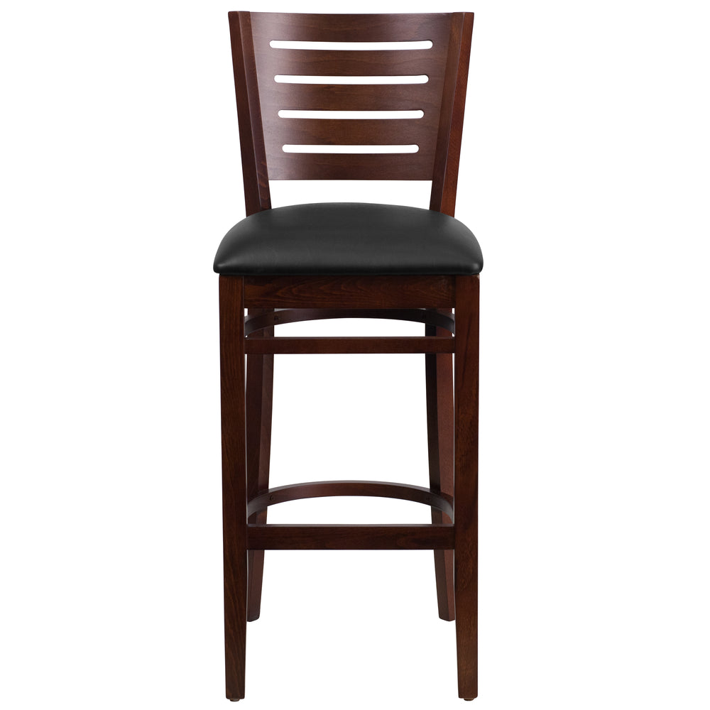 Image of Flash Furniture Darby Series Slat Back Walnut Wood Restaurant Barstool with Black Vinyl Seat - Walnut, Brown