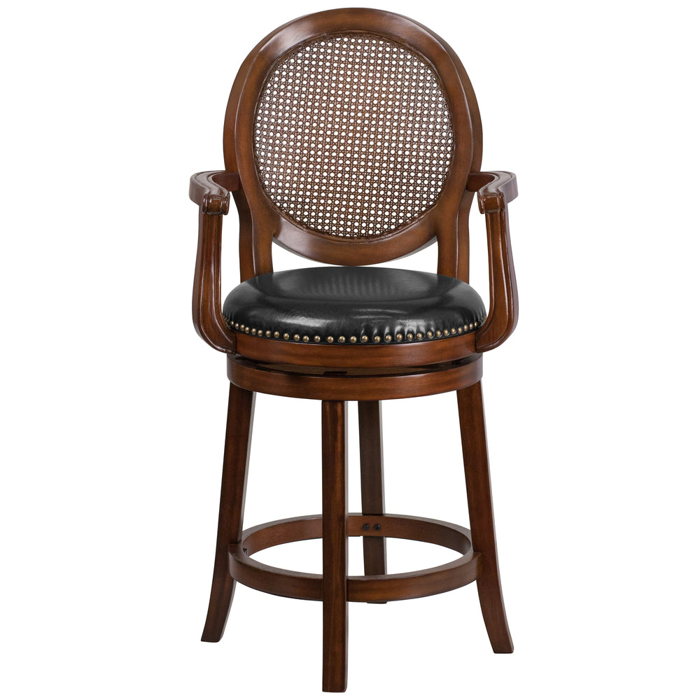 Image of Flash Furniture 26" High Expresso Wood Counter Height Stool with Arms, Woven Rattan Back & Black LeatherSoft Swivel Seat, Brown