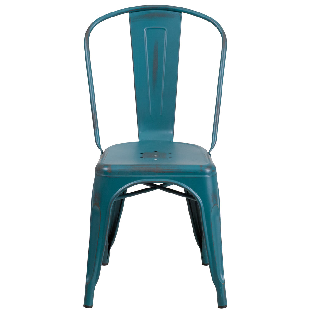 Image of Flash Furniture Distressed Kelly Blue-Teal Metal Indoor-Outdoor Stackable Chair