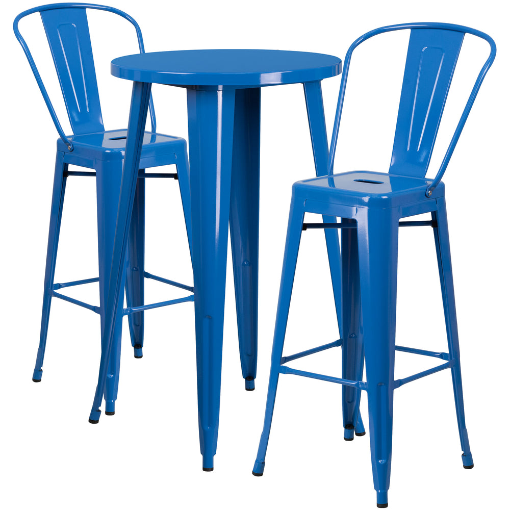 Image of 24" Round Blue Metal Indoor-Outdoor Bar Table Set with 2 Cafe Barstools [CH-51080BH-2-30CAFE-BL-GG]