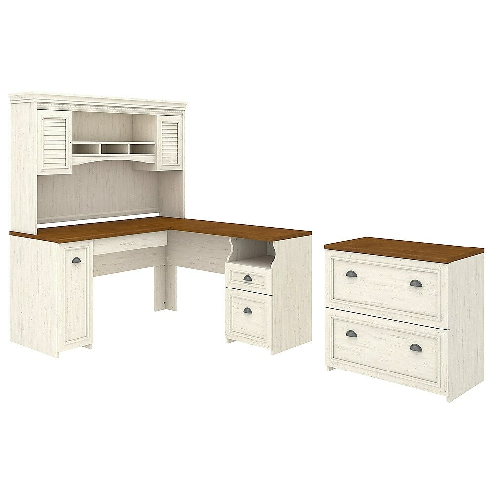 Image of Bush Furniture Fairview L Desk, Hutch and Lateral File, Antique White (FV003AW)