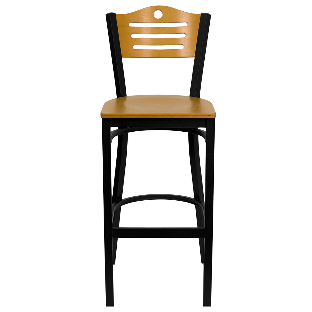 Image of Flash Furniture Hercules Series Black Slat Back Metal Restaurant Bar Stool, Natural Wood Back & Seat