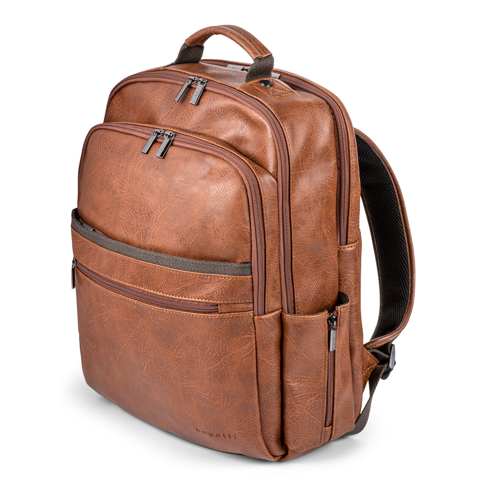 Image of Bugatti 15" Synthetic Leather Backpack with Canvas Trim, Cognac, Brown