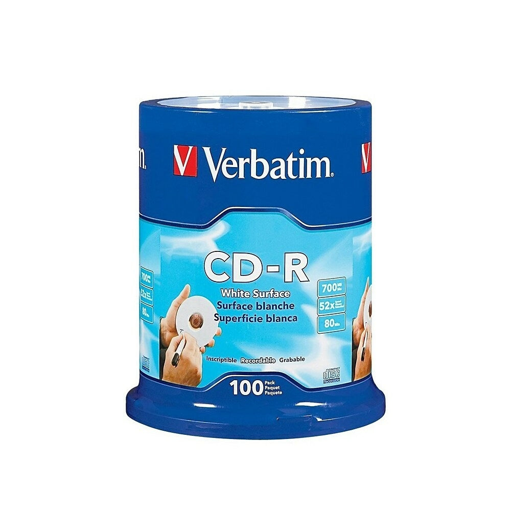 Image of Verbatim 700 MB 52x CD-R, Blank White Surface, Spindle, 100 Pack