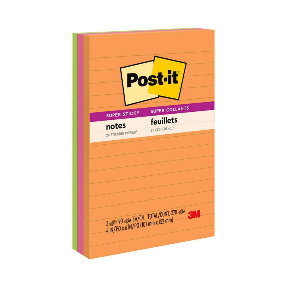 Image of Post-it Super Sticky Notes -4" x 6" - Energy Boost Collection - Lined - 270 Sheets - 3 Pack, Multicolour