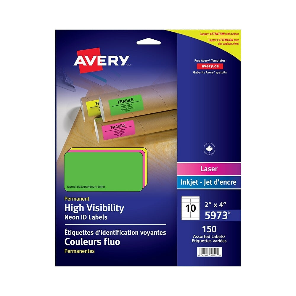 Image of Avery High Visibility Assorted Neon Laser Labels - 2" x 4" - 150 Pack