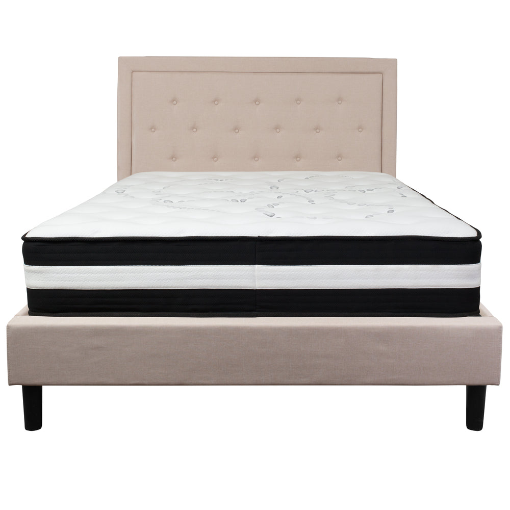 Image of Flash Furniture Roxbury Queen Size Tufted Upholstered Platform Bed in Beige Fabric with Pocket Spring Mattress