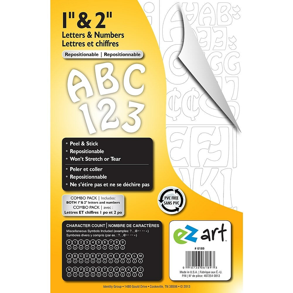 Image of Ez Art Peel and Stick Combo Pack - 1" & 2" White Letters and Numbers, 172 characters