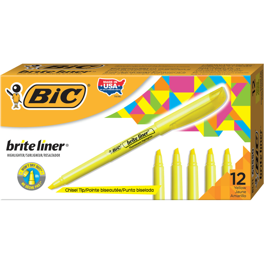 Image of BIC Brite Liner Chisel Tip Pen-Style Highlighters - Yellow - 12 Pack