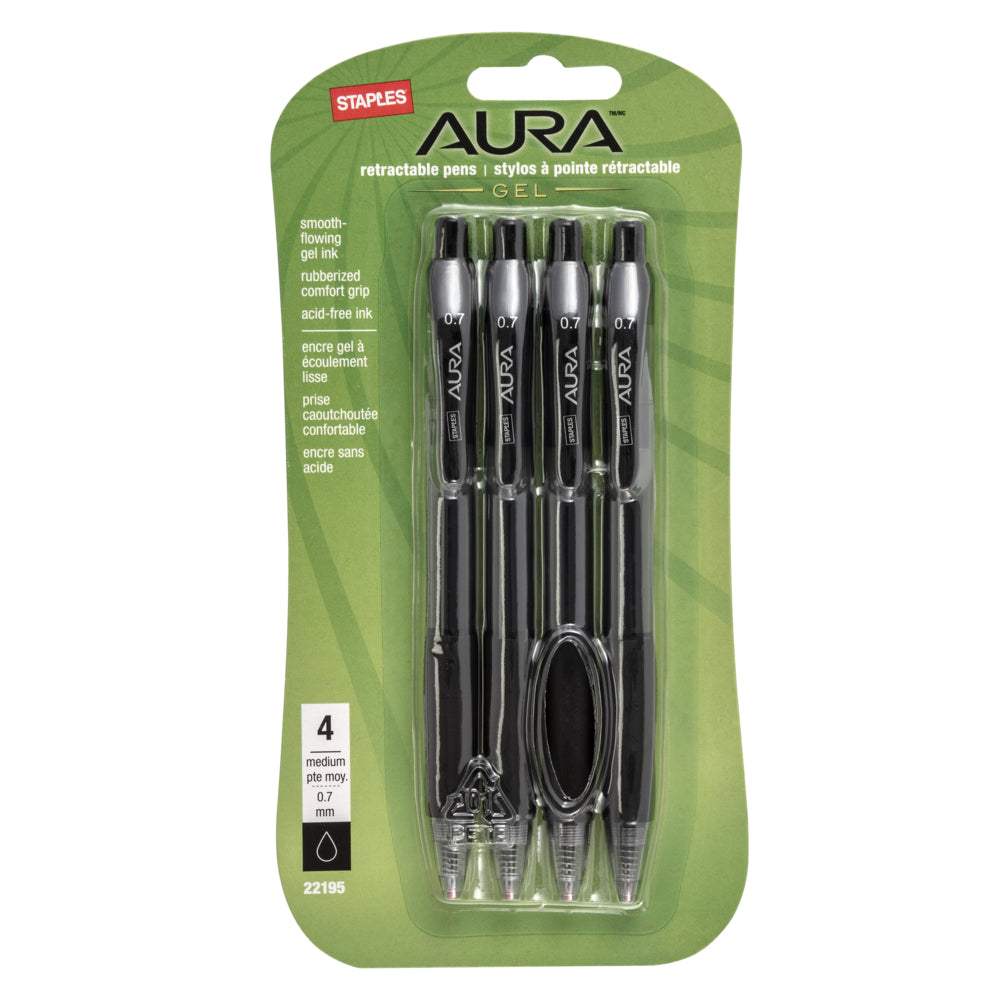 Image of Staples Aura Gel Pens - Retractable - 0.7mm - Black - 4 Pack