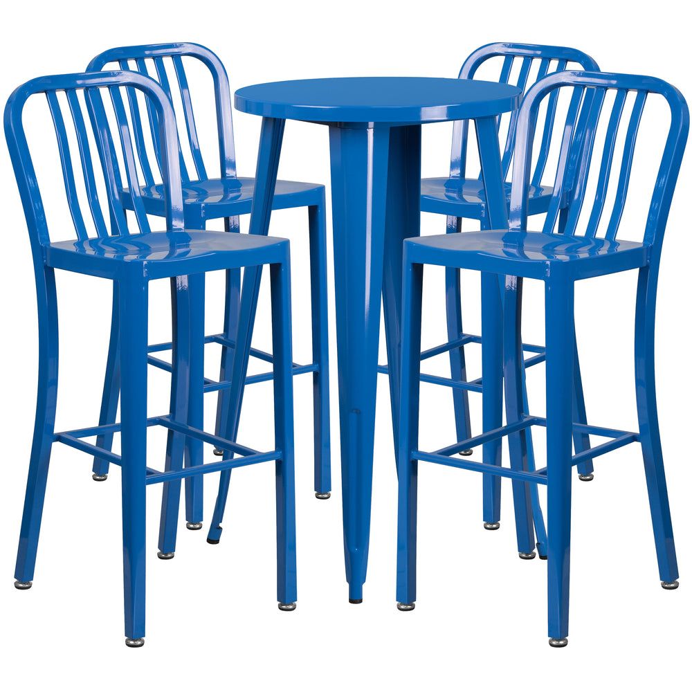 Image of 24" Round Blue Metal Indoor-Outdoor Bar Table Set with 4 Vertical Slat Back Barstools [CH-51080BH-4-30VRT-BL-GG]
