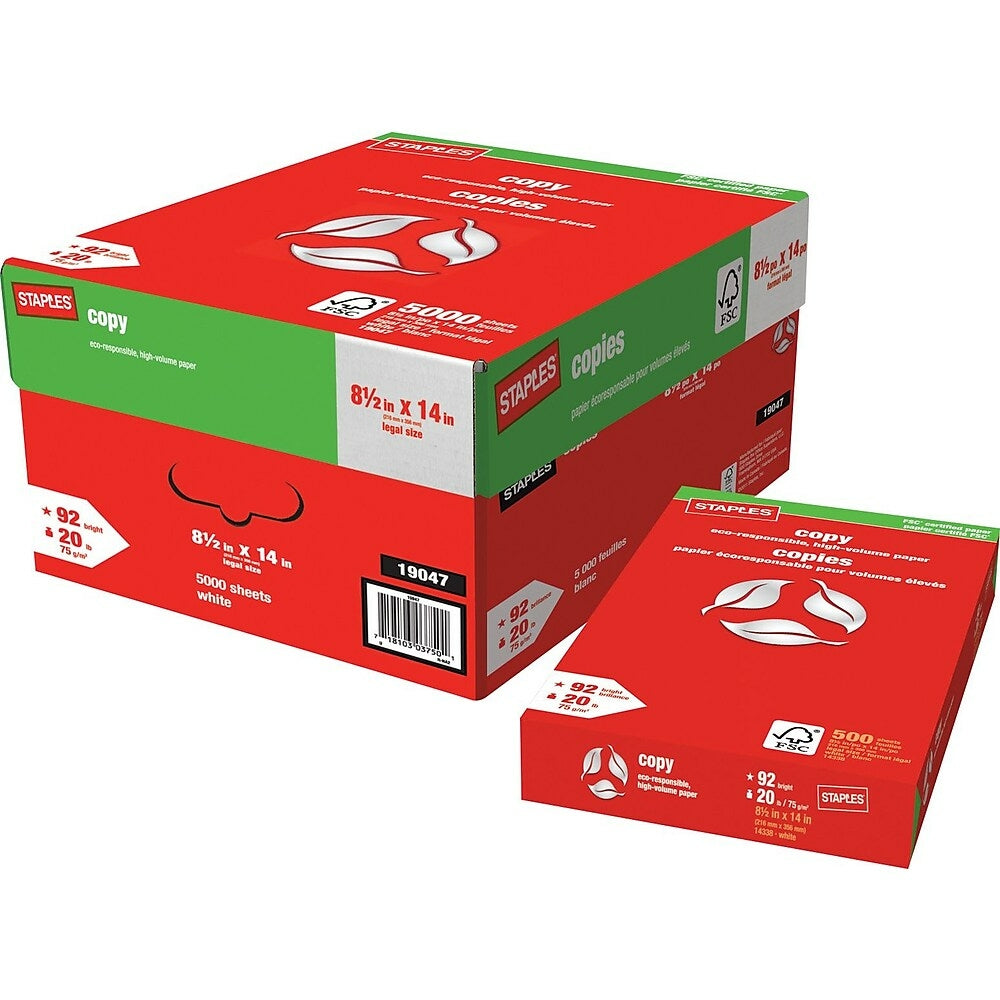 Image of Staples FSC-Certified Copy Paper - 20 lb. - 8.5" x 14" - White - 5000 Sheets