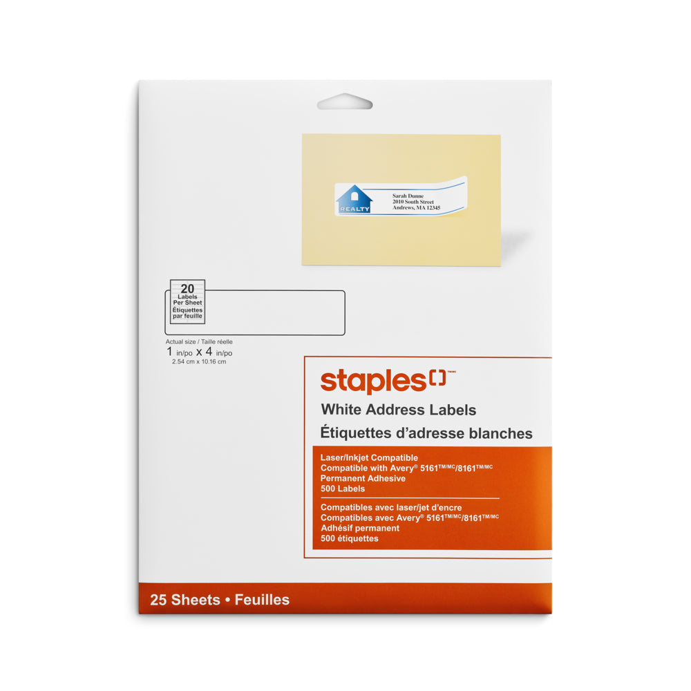 Image of Staples White Address Labels for Inkjet/Laser Printers - 4" x 1" - 500 Pack