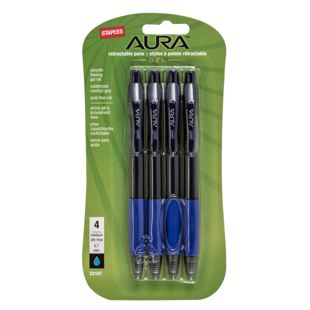 Image of Staples Aura Gel Pens - Retractable - 0.7mm - Blue - 4 Pack