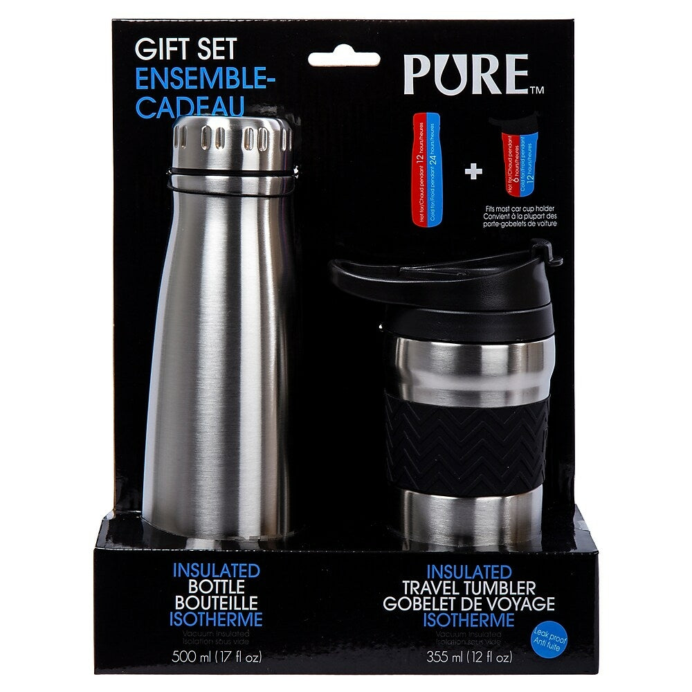 Image of PURE Drinkware Water Bottle and Coffee Tumbler Set, 17 oz, Silver, Black, Grey