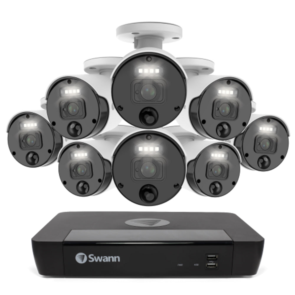 Image of Swann Master 4K 8-Channel NVR Security System with 8 Heat/Motion Detection Spotlight Bullet Cameras, Black_White